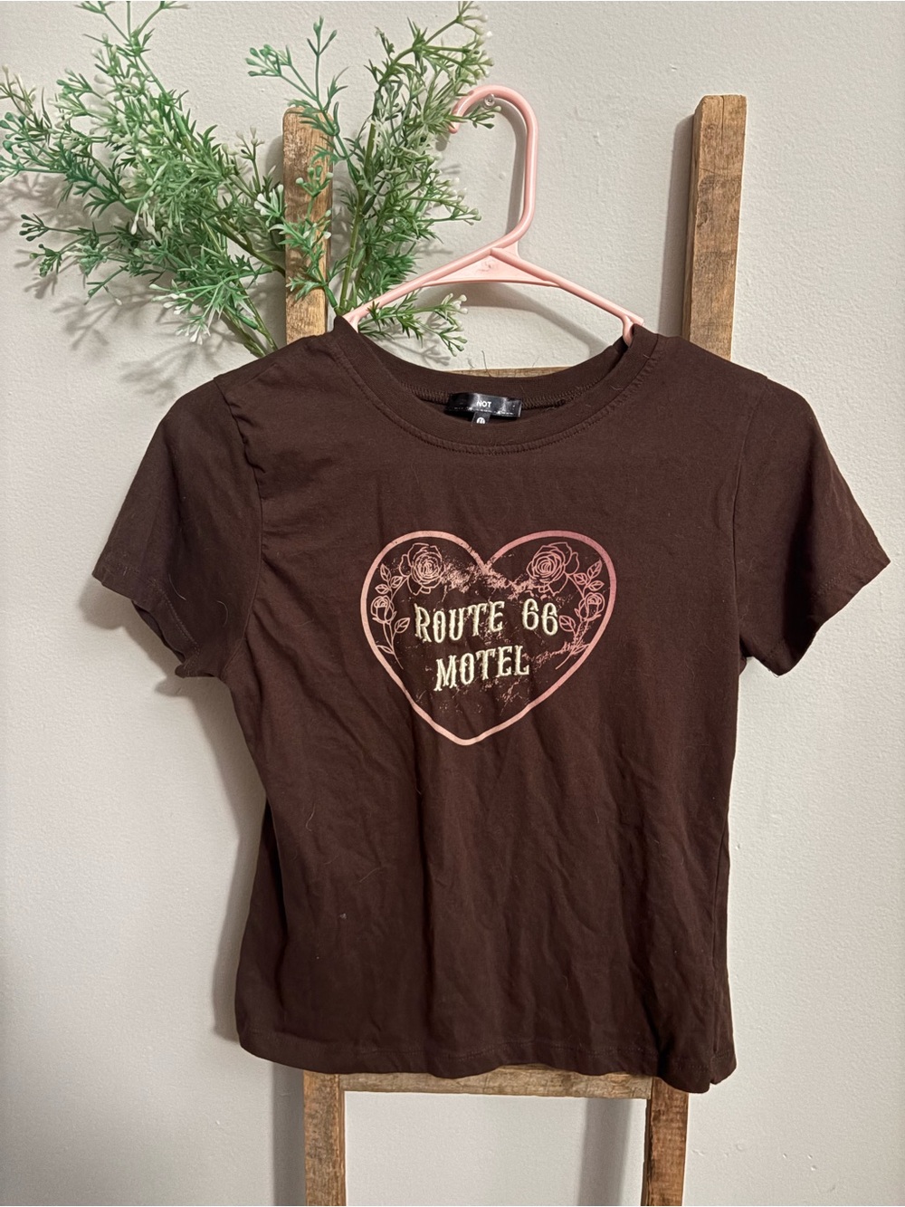 Route 66 Brown Short Sleeve Tee with Pink Heart Graphic